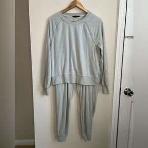 Jane & Delancey Two Piece Green Grey Crewneck Long Sleeve Joggers Lounge Set
